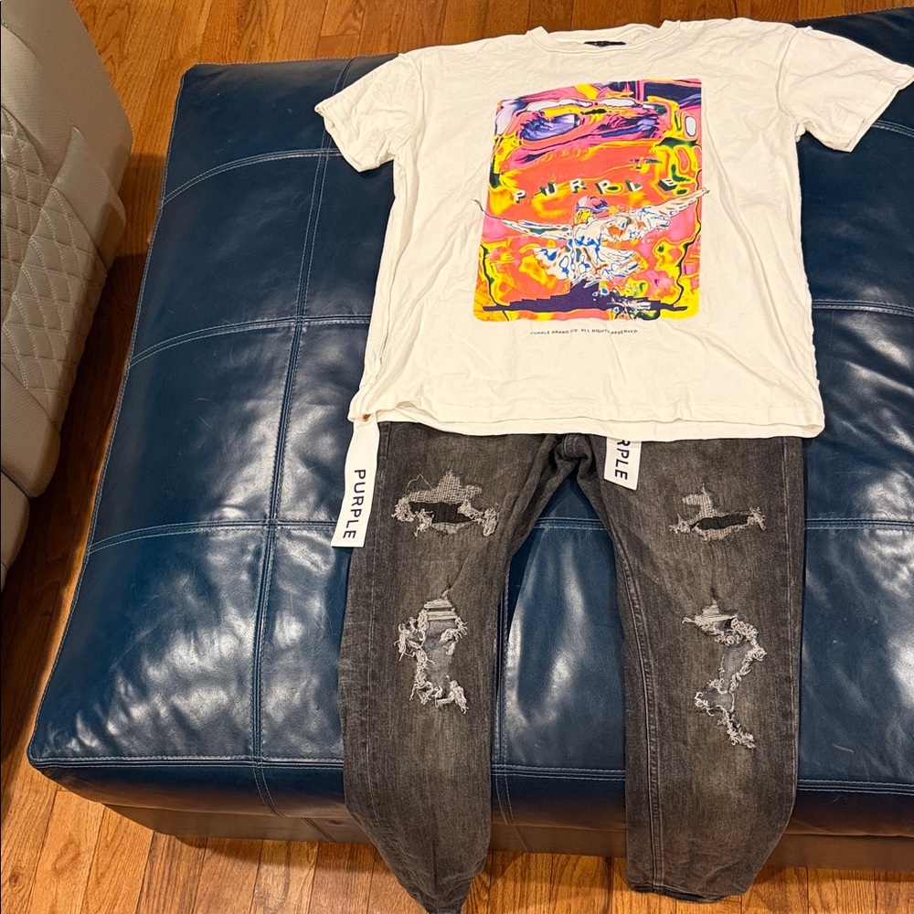 Men's Purple  Distressed Black Jeans size 30 and size Sm Purple Tshirt.